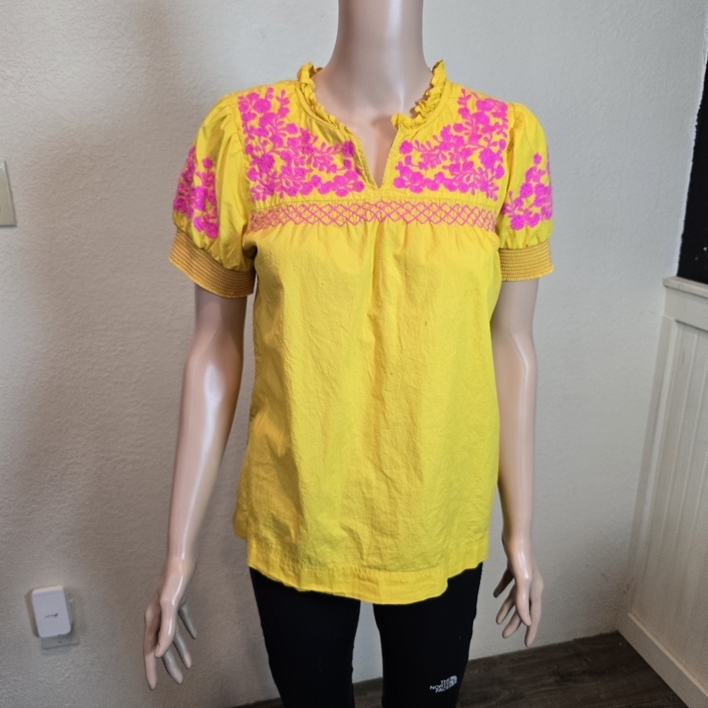 J Crew Peasant Blouse w/ Details Sz XS Golden Yellow w/ Bright Pink Accents